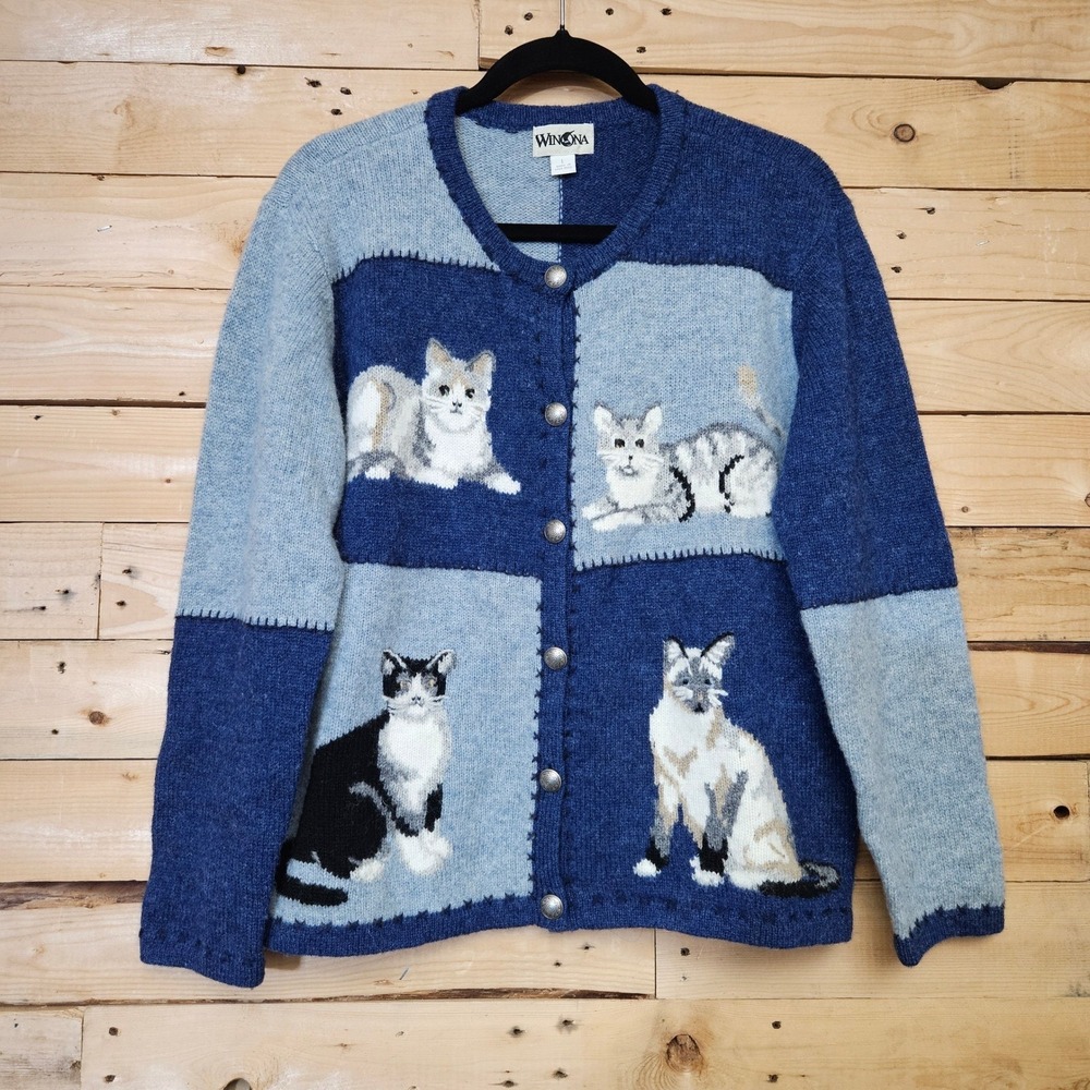 Winona Vintage Cat Wool Cardigan Sweater Blue Grey Patchwork Large